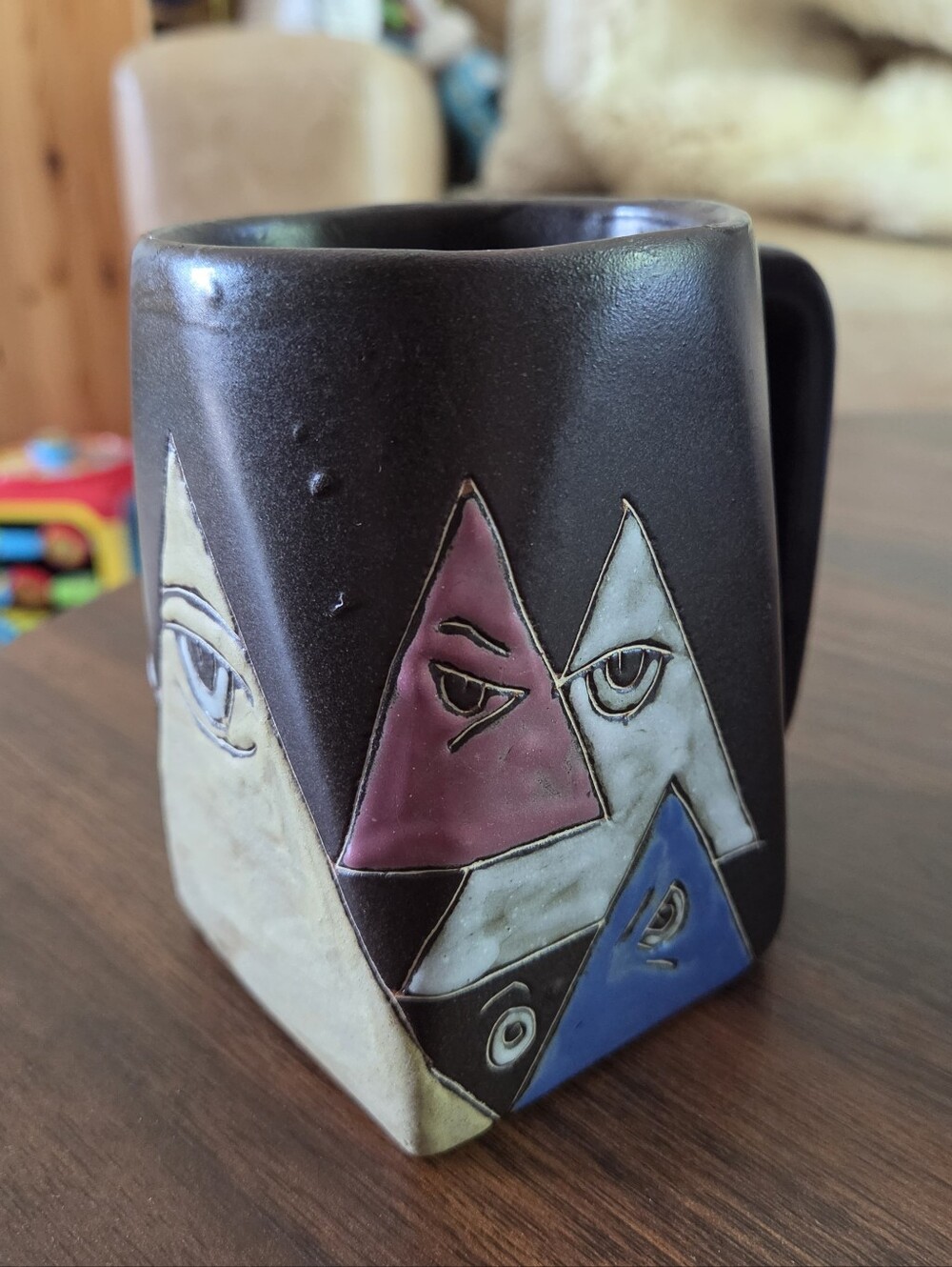 Vintage Mara Mexico Stoneware Mug Abstract Faces Triangle Eyes Square Base Signe - Picture 3 of 6